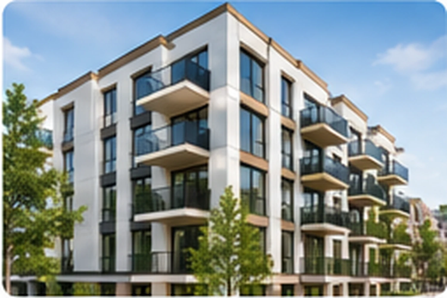 Modern mid-rise apartment community in daylight with landscaped grounds