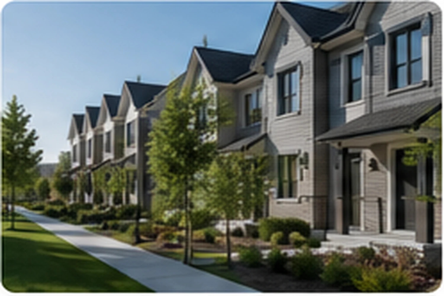 Landscaped townhome rental community on a bright, sunny day